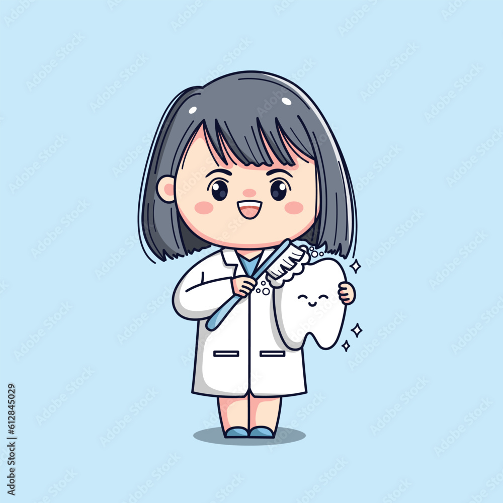 Cute dentist female doctor holding tooth kawaii chibi flat outlined character Cute dentist female doctor holding tooth kawaii chibi flat outlined character