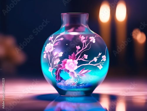 Beautiful vase with holographic glowing reflections,Generative AI