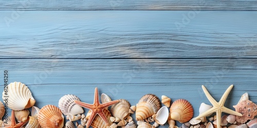 Summer beach concept. Vintage top view blue wooden table with starfish and seashells and sand decor