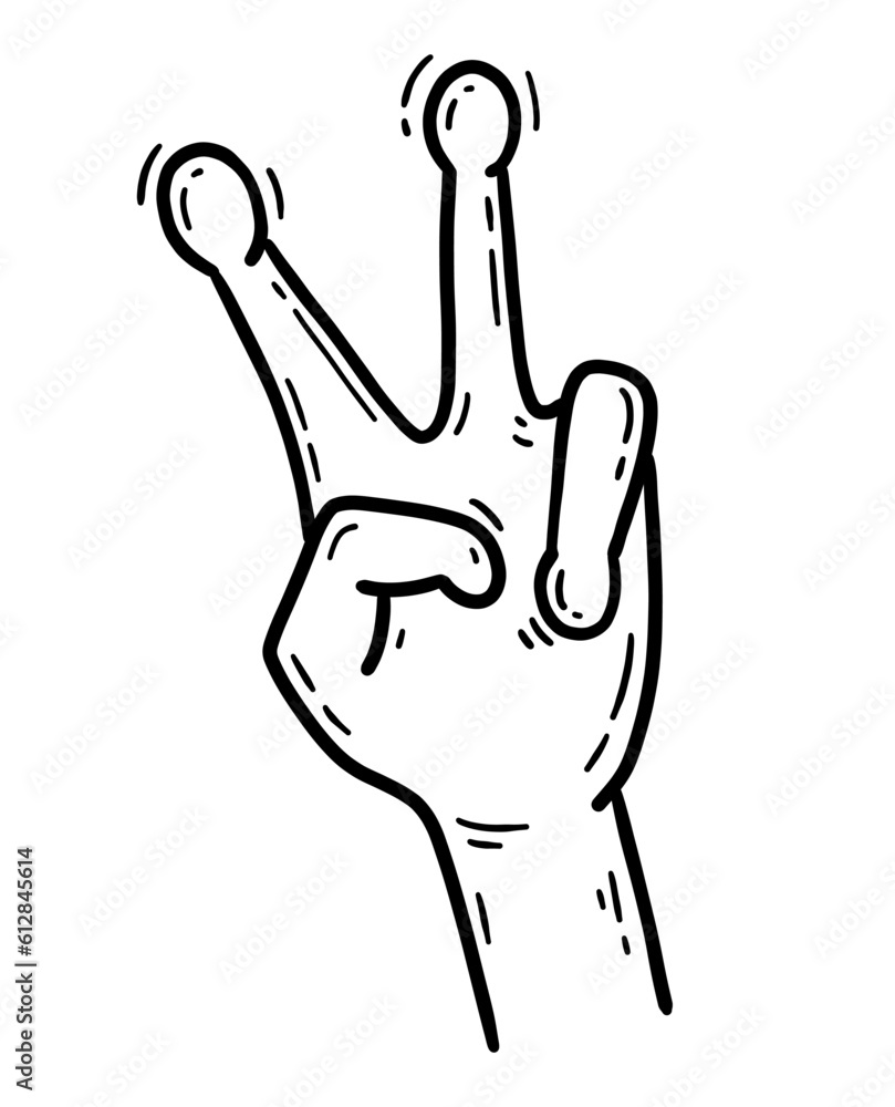 Alien hand with V sign gesture, peace sign in doodle cartoon style ...