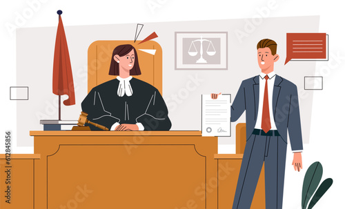 Lawyer with certificate in court concept. Woman in judges robe and man in suit. Law and advocacy. Criminal and judgement, attorney. Legal advice and protection. Cartoon flat vector illustration