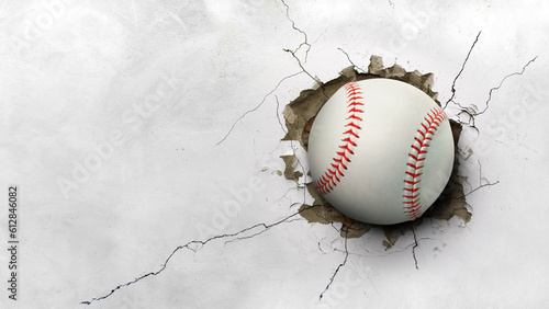 Photography A baseball hits through a cement wall. concept of strength