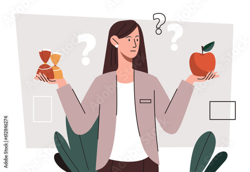 Choice of food concept. Woman decides whether to eat sweet or apple. Sweets or fruits. Comparison of healthy eating and fast food. Proper nutrition and diet. Cartoon flat vector illustration