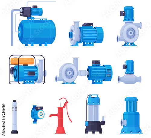 Water pumps. Water and liquid pumping. Technical equipment for water stations. Vector illustration
