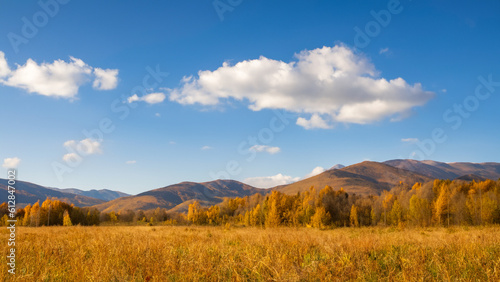 Autumn rural landscape in grass field. Mountains, bright clear blue sky and isolated clouds in the background. - generative ai