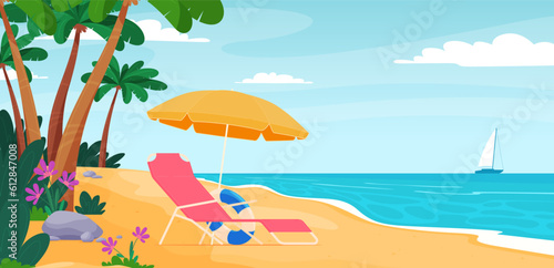 Beach deck chair with umbrella. Summer vacation on a sandy beach. Happy hot vacation. Vector illustration