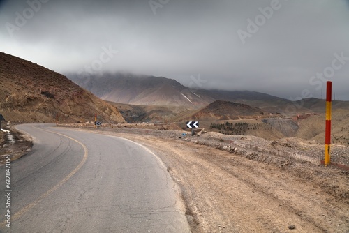 Morocco High Atlas road. Winding scenic road to Tizi N'Tichka mountain pass.