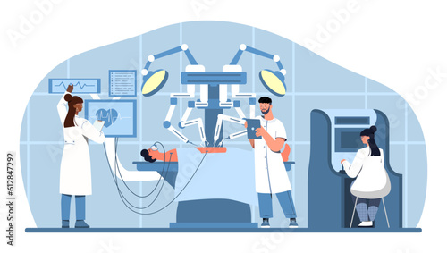 People with robotic surgery concept. Men and women in medical gowns perform operation, doctors with patients. Treatment and recovery in hospital. Cartoon flat vector illustration
