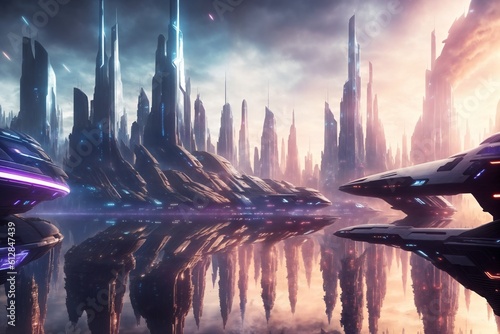 Sci fi modern metaverse city of the future with billboard realistic