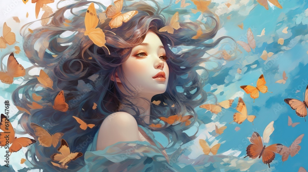 Portrait of a Beautiful Woman with Butterflies - Enchanting Anime Girl Embracing Nature's Serenity: A Captivating Digital Artwork, Generative AI