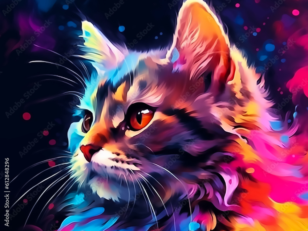 Color palette beautiful kitten with colorful designs, in the style of uhd image, celestialpunk, dark, foreboding colors, vibrant murals,Generative AI