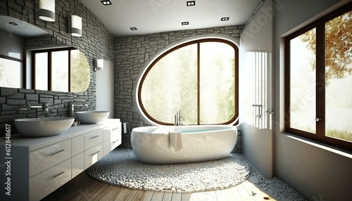 Modern luxurious bathroom interior with designful bathtub and cabinet. Generative AI photo