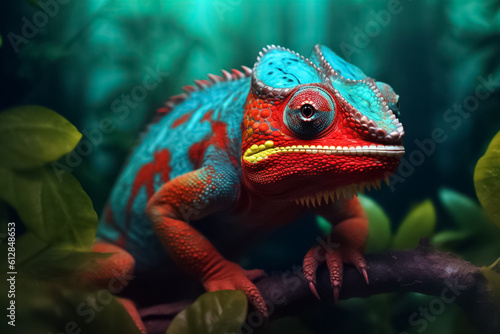 stunning turquoise chameleon, its intricate patterns and vibrant colors bringing a touch of fantasy to your imagination. Generative AI.