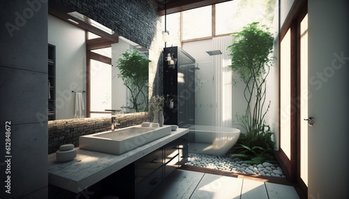 Modern luxurious bathroom interior with designful bathtub and cabinet. Generative AI photo