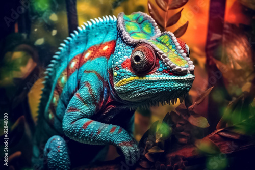 stunning turquoise chameleon, its intricate patterns and vibrant colors bringing a touch of fantasy to your imagination. Generative AI. © Surachetsh