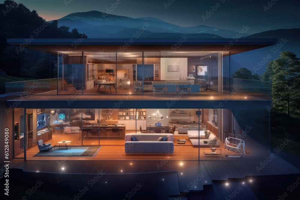 Fototapeta premium Photo of a futuristic smart home, showcasing automated systems and interconnected devices. Generative AI
