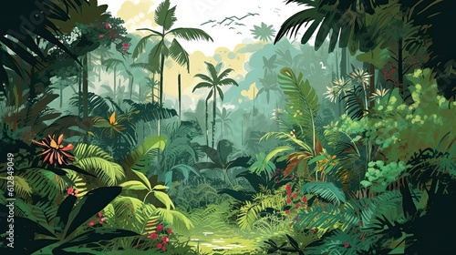 Feel the Peaceful Summertime Vibes of a Marvellously Tropical Jungle Island  Relax in its Sunlight  Marvel at its Rich Flora  and Enjoy its Lush Panorama. Generative AI