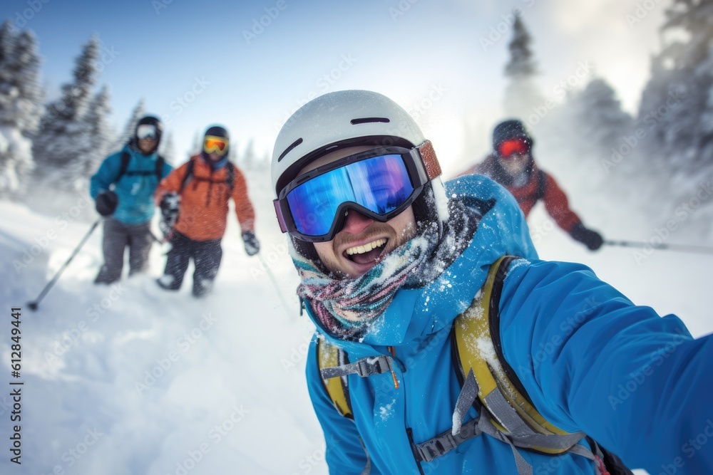 Photo of a group of friends skiing down a snowy slope, their faces filled with excitement and joy. Generative AI Photo of a group of friends skiing down a snowy slope, their faces filled with excitement and joy. Generative AI
