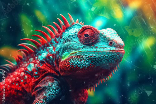 beauty of an iguana lizard up close, with its skin boasting a fantasy-inspired palette and a textured pattern that seems straight out of a surreal dream. Generative AI.