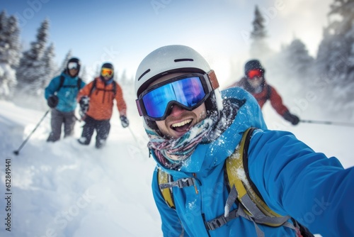 Photo of a group of friends skiing down a snowy slope, their faces filled with excitement and joy. Generative AI