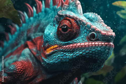 beauty of an iguana lizard up close, with its skin boasting a fantasy-inspired palette and a textured pattern that seems straight out of a surreal dream. Generative AI. © Surachetsh