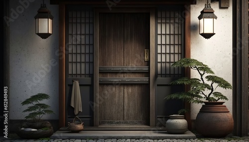 Japandi style front door made out of natural wood and bamboo, surrounded with bonsai tree. Generative AI © Csaba