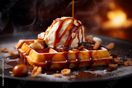 Irresistible Waffle Delight - Ice Cream, Caramel Drizzle, Dessert Photography, AI Generated photo