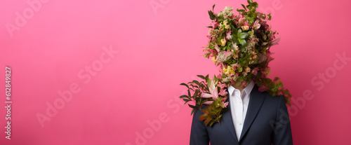 A woman in a business suit with flowers instead of her head. Contemporary art collage. Concept of career, work, growth, business motivation, nature president. Copy space for ad. Generative AI.