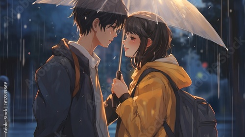 cute couple with umbrella in the rain - A sweet photo of a anime drama couple sharing a jacket as their cover themselves from the heavy rain as they wear school uniforms, Generative AI © Ameer