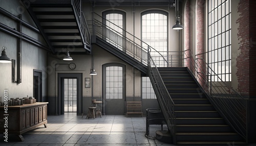 Industrial style concrete interior spacious stairway with metal handrails and giant metal frame windows. Generative AI