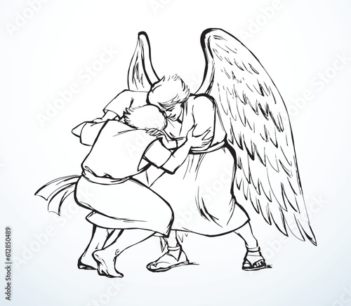 Vector drawing. Man fight with Angel