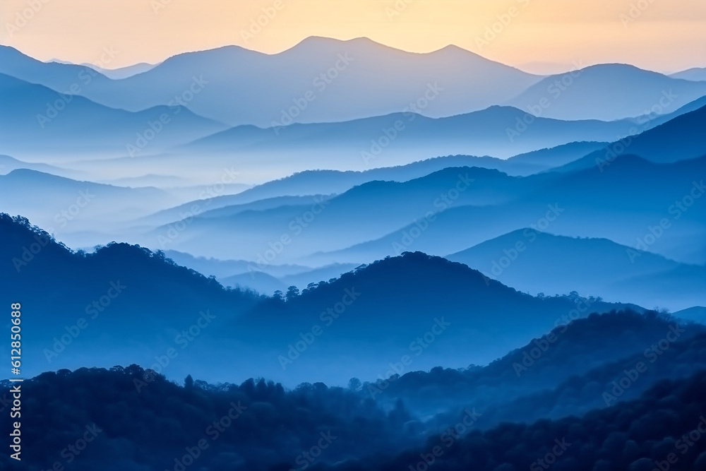 Blue layers of mountain during sunrise Generative Ai Blue layers of mountain during sunrise Generative Ai