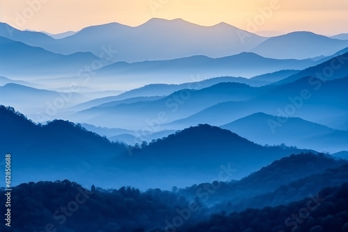 Blue layers of mountain during sunrise Generative Ai © cn0ra