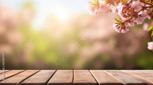 wooden board table floor foreground with cherry blossom branch  mockup idea  Generative Ai