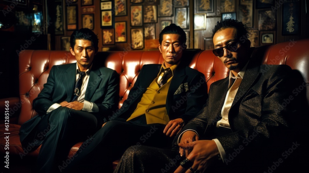 Members of the Japanese yakuza mafia are sitting on a sofa in a nightclub. Concept. Generative AI.