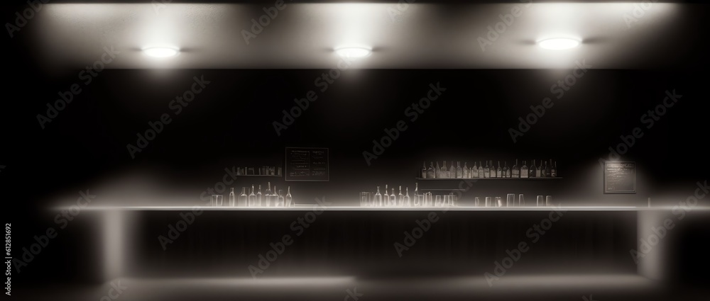Panoramic View of a Bar area with black walls in Cinematic lighting using Pencil sketch drawing style. Generative AI