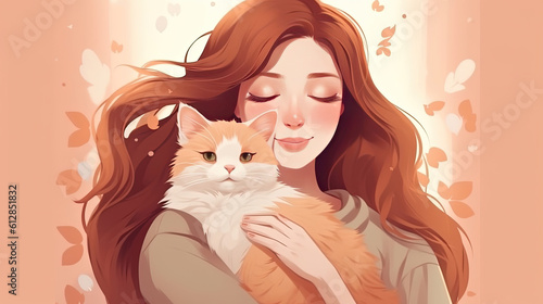 Cute cartoon young woman cuddling a happy cat