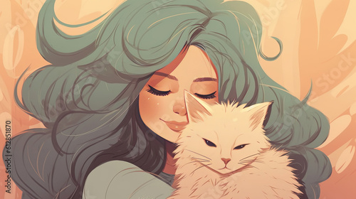 Cute cartoon young woman cuddling a happy cat