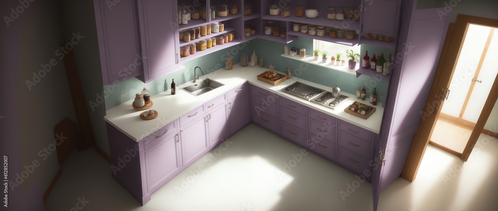 View From Above of a Pantry with violet walls in Hard Lighting using Detailed painting style. Generative AI