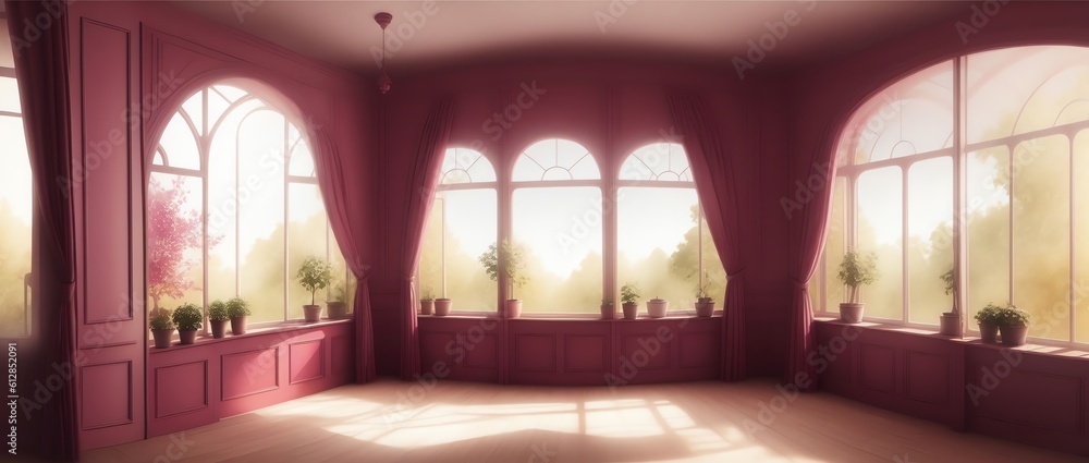 Panoramic View of a Conservatory with magenta walls in Global illumination using Watercolour painting style. Generative AI Panoramic View of a Conservatory with magenta walls in Global illumination using Watercolour painting style. Generative AI