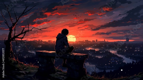 person sitting on the bench on the top of mountain, beautiful sunset view, emotional anime HD wallpaper: capturing the essence of solitude and sadness, Generative AI © Ameer