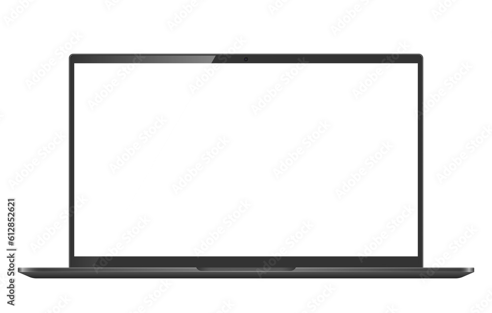 Black laptop monitor mockup. Pc computer template with blank screen. Desktop isolated on white or transparent background.