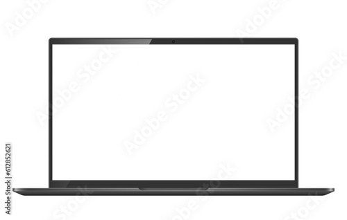 Black laptop monitor mockup. Pc computer template with blank screen. Desktop isolated on white or transparent background.
