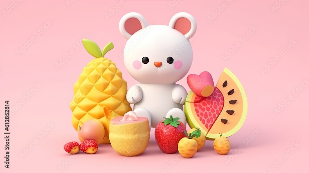 Obraz premium Cute voluminous fruit in Asian style. Cartoon fruit with a animal. Gentle square illustration with 3d character. White animal on a pink background with sweets