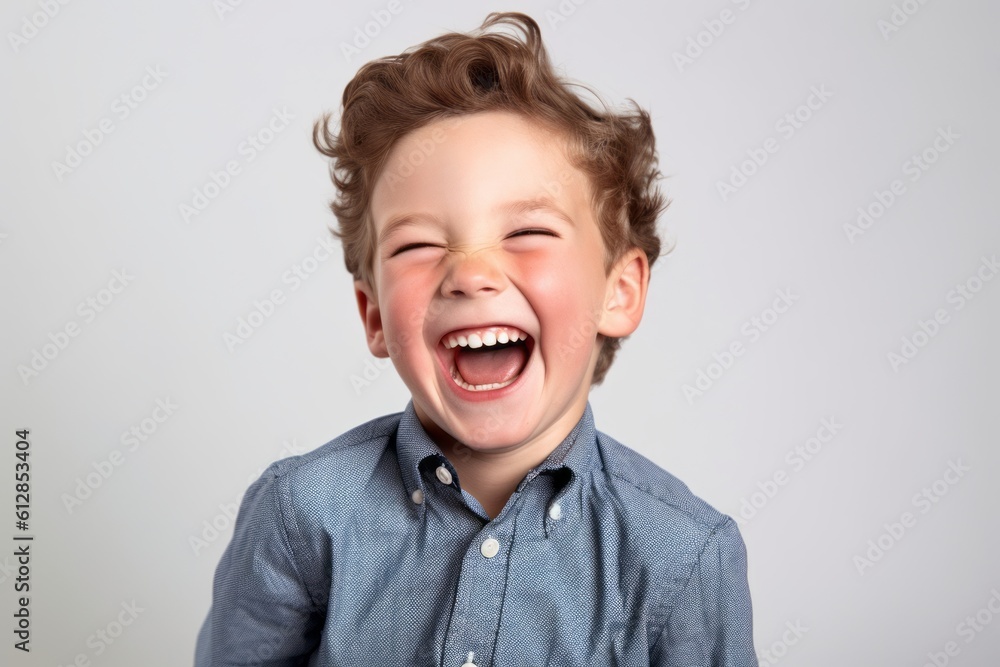 Lifestyle portrait photography of a joyful boy in his 30s laughing against a white background. With generative AI technology Lifestyle portrait photography of a joyful boy in his 30s laughing against a white background. With generative AI technology