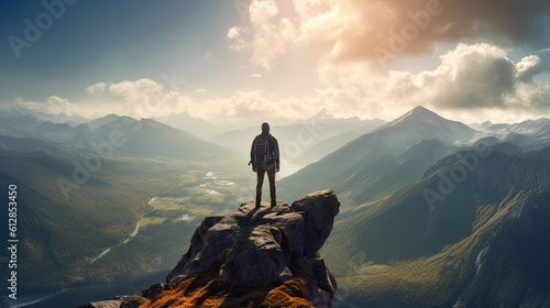 Hiker at the summit of a mountain overlooking a stunning view. Apex silhouette cliffs and valley landscape. Generative AI