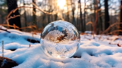 Holographic fractal ice crystals forming over a freezing bubble with snow wintry woods in the background © Absent Satu