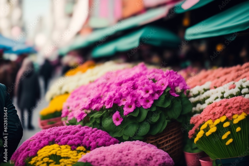 close-up of a bouquet of colorful flowers in a market with out-of-focus background, Generative AI