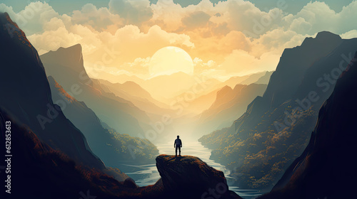 Hiker at the summit of a mountain overlooking a stunning view. Apex silhouette cliffs and valley landscape. Generative AI photo