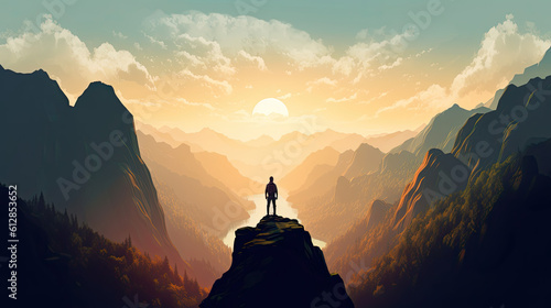 Hiker at the summit of a mountain overlooking a stunning view. Apex silhouette cliffs and valley landscape. Generative AI